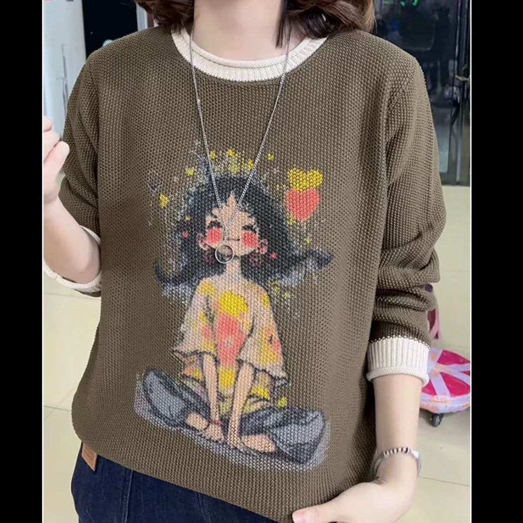 2025新款印花针织毛衣显瘦春秋新款针织衫宽松显瘦圆领上衣长袖女