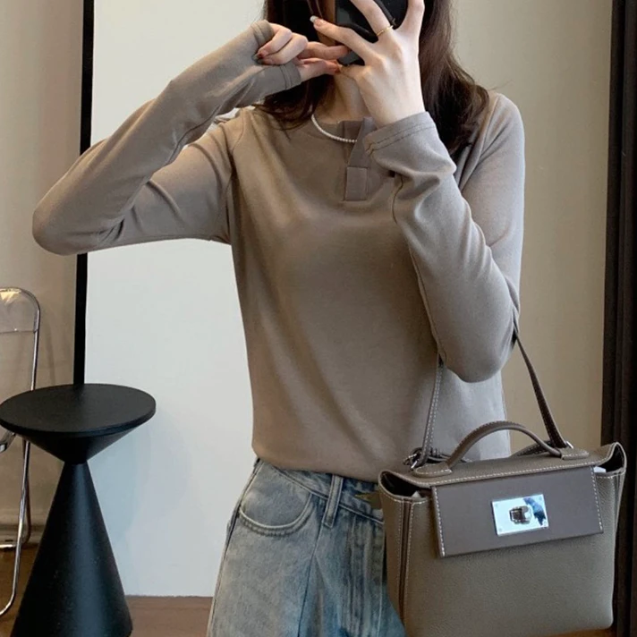 宝丫轻奢  T女式时髦基础款半开襟打底衫长袖T恤上衣K1029