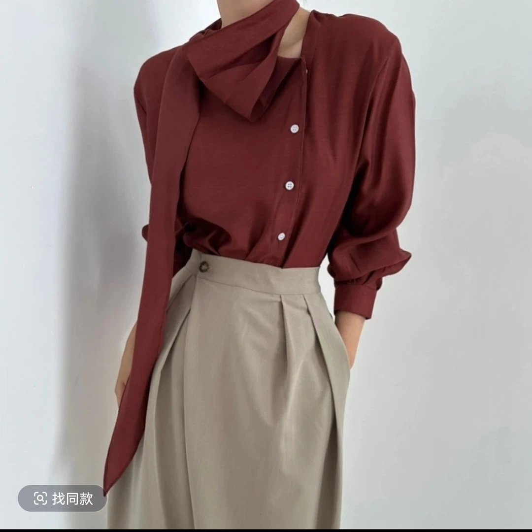 【艾丽莎定制】设计感挂脖飘带设计百搭长袖衬衫C-631-1