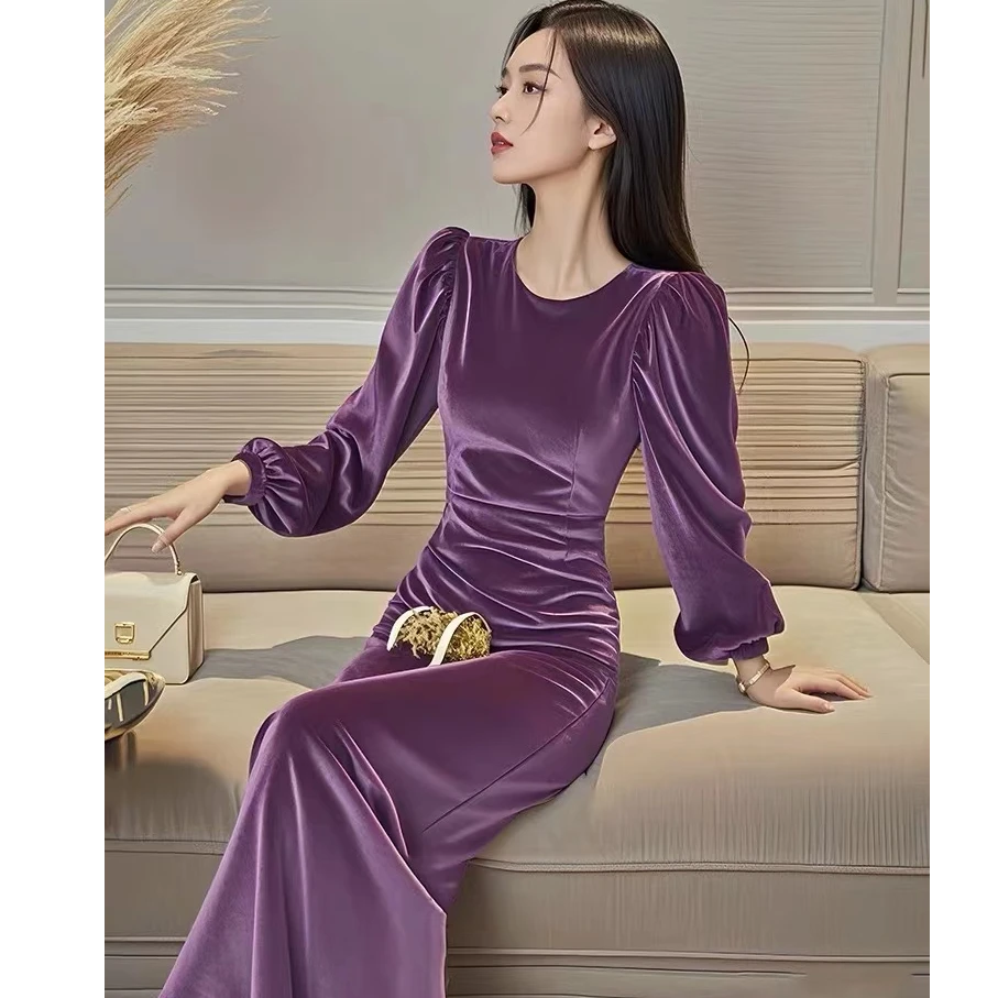 春秋季新法式御姐轻熟微胖风情万种裙子高级感显瘦紫色丝绒连衣裙