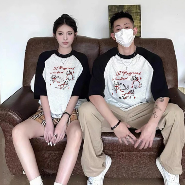 大码300斤小众高级感插肩袖情侣装夏季宽松显瘦重磅纯棉短袖男女