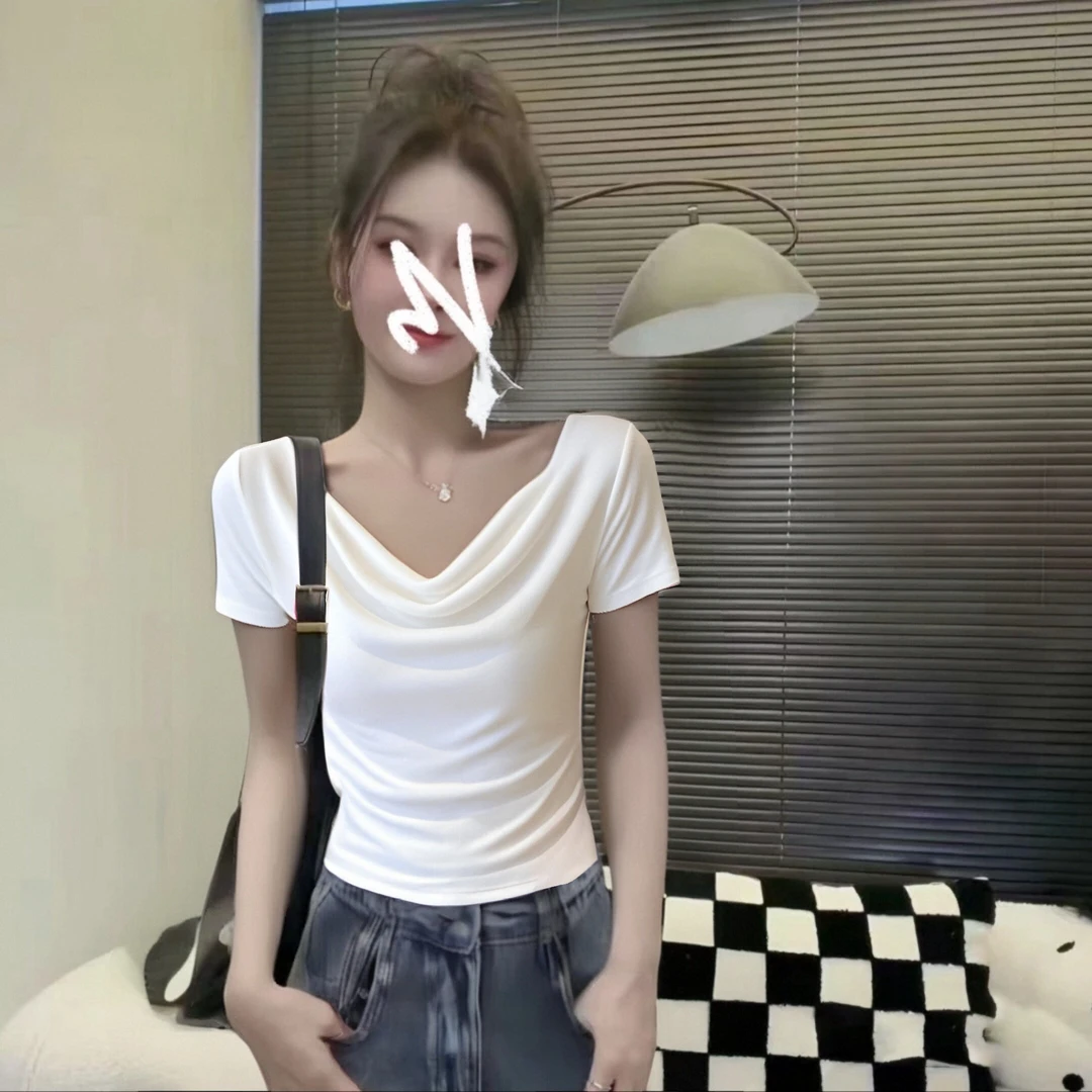 2025夏季新款黑色荡领短袖T恤女一字肩显瘦露肩凉感极简小众上衣