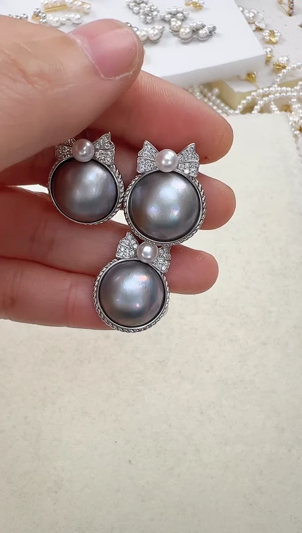 【闪购商品】拼合珍珠（马贝珠）耳饰银S925镶嵌灰色在逃套装