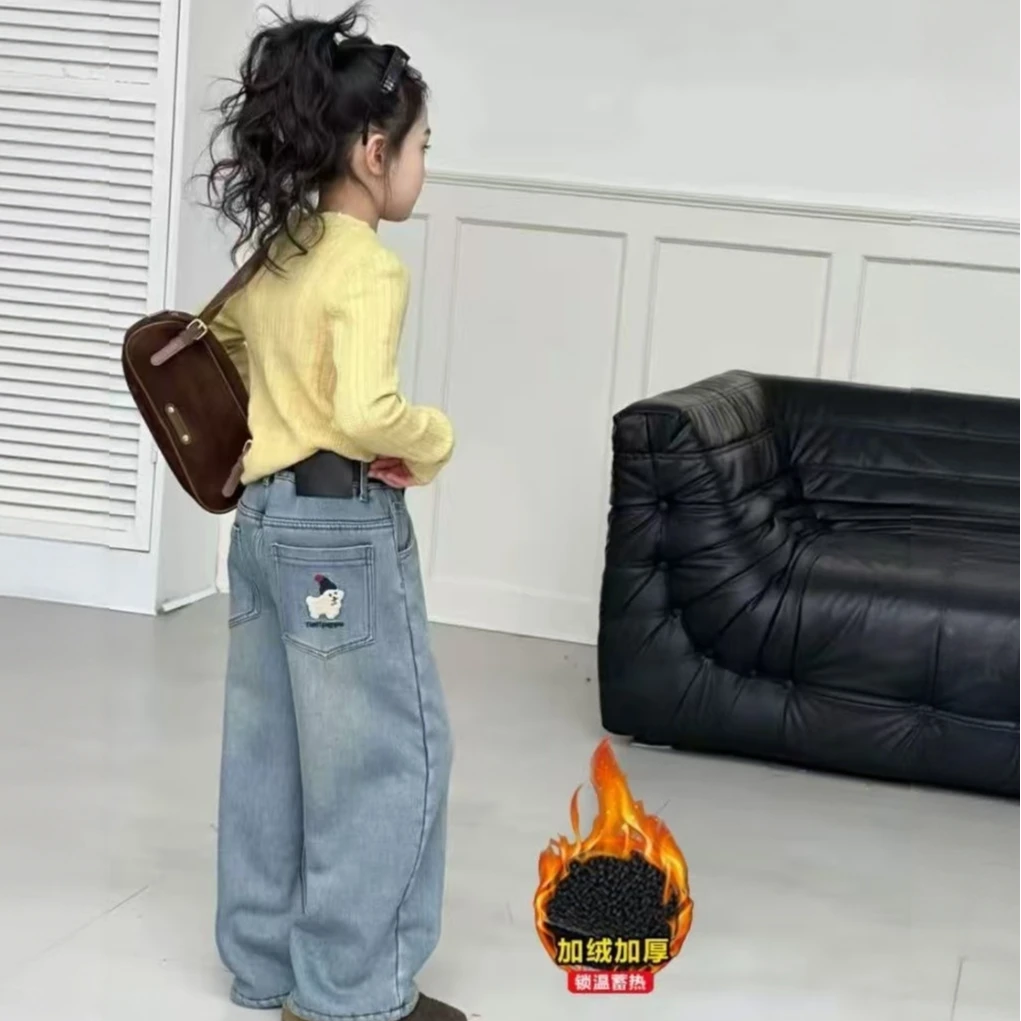 女童加绒牛仔裤2025冬季新款儿童韩版阔腿裤中大童加厚一体绒长裤