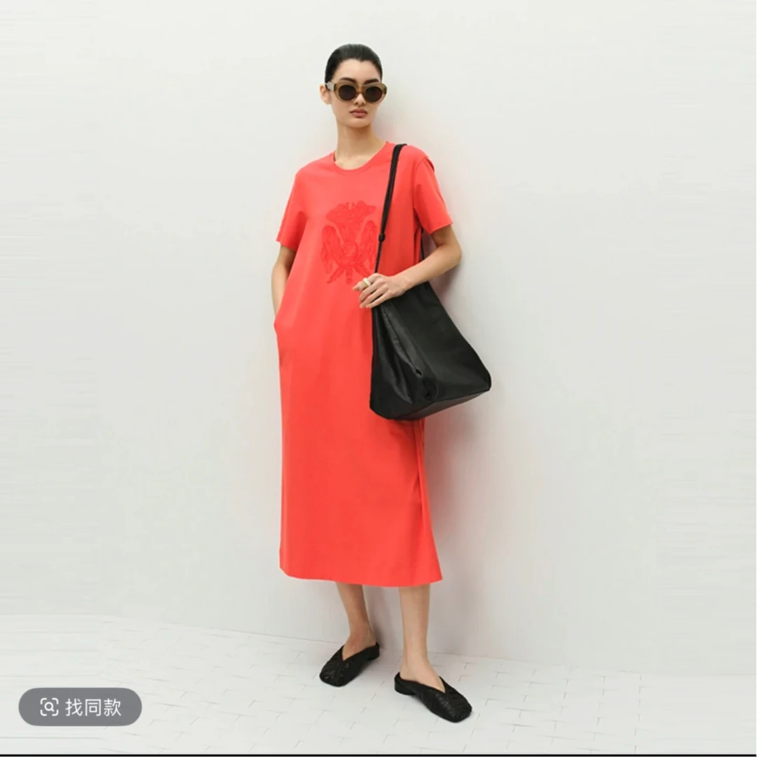 Marisfrolg/玛丝菲尔橙色圆领玫瑰印花休闲宽松连衣裙A1FZ27266