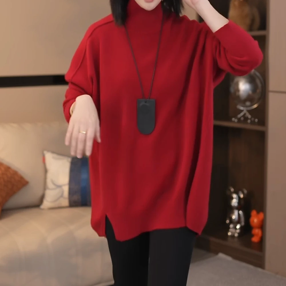 冬季百搭针织衫高级感气质套头高领毛衣女慵懒风纯色百搭上衣