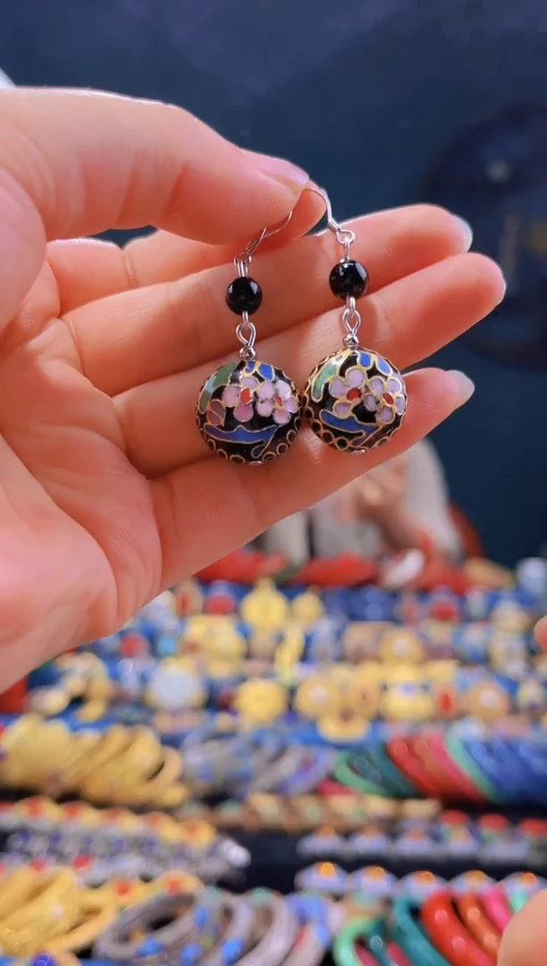 非遗技艺 景泰蓝扁珠耳环 黑