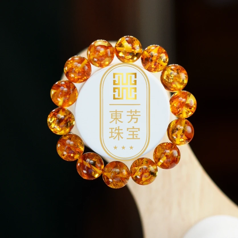 東芳珠宝-15mm俄罗斯天然花珀圆珠手串时尚气质琥珀手串花珀手串