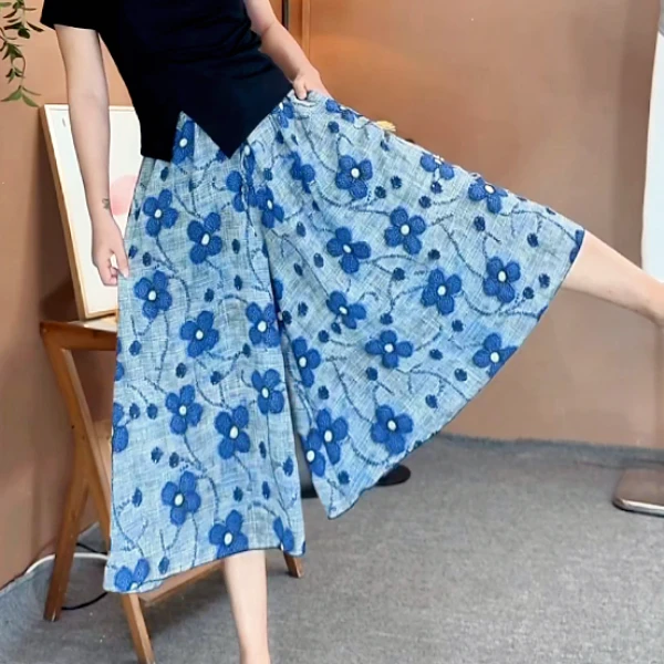 【蓝色四叶草】2025新款宽松显瘦洋气印花立体大摆减龄裤裙