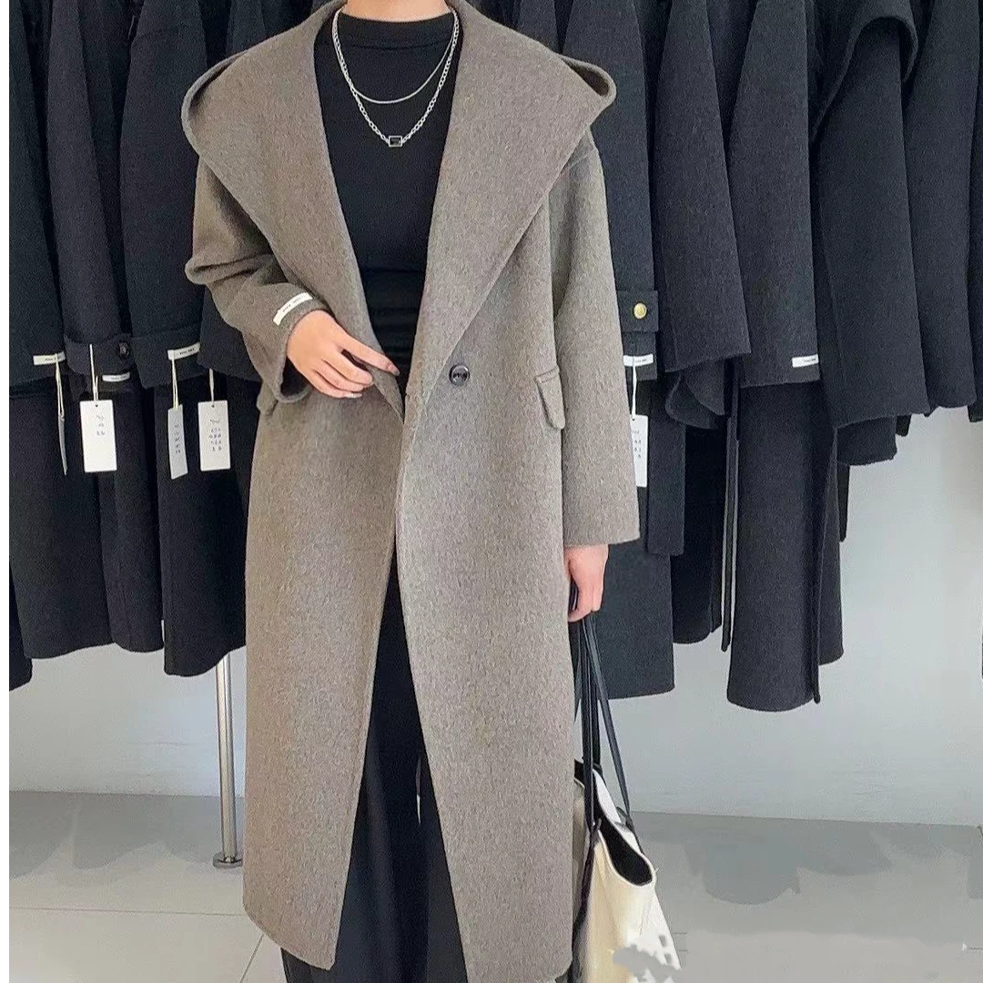 【壹恋家】双面羊毛外套斗篷式连帽大翻领气质宽松长款双面羊绒大衣