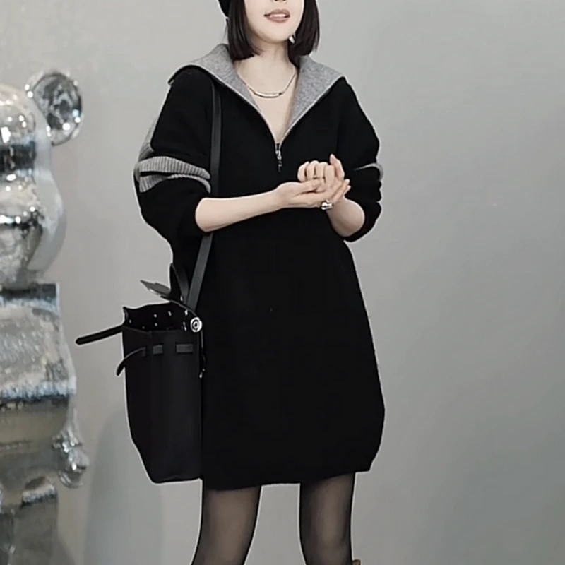 半拉链撞色中长款高领毛衣女士冬季新款慵懒风宽松加厚套头针织衫