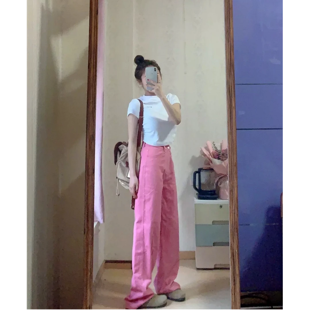 猫猫家加长女裤高腰休闲宽松百搭粉色阔腿牛仔裤57005