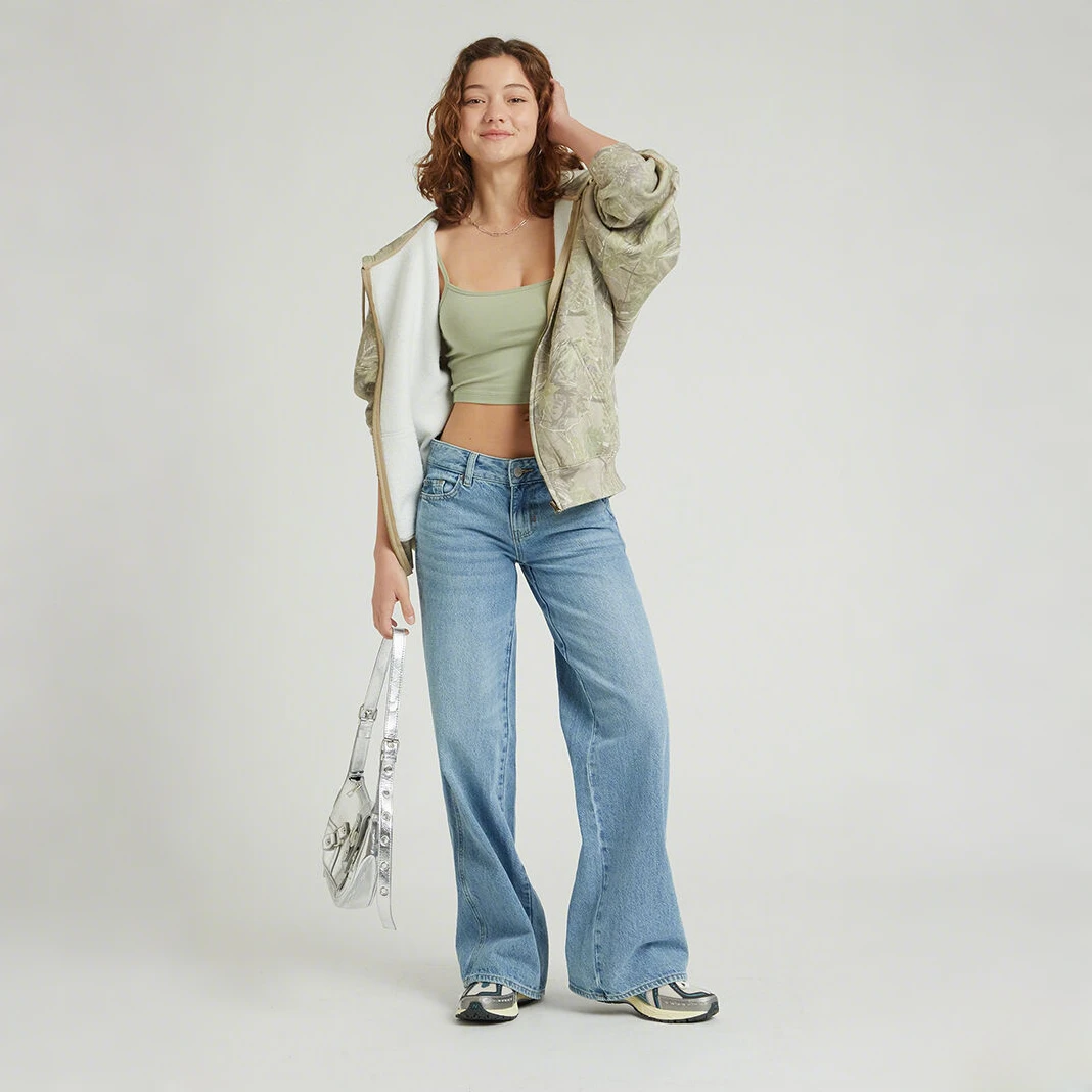 PACSUN2025新款美式经典蓝色阔腿牛仔裤女款宽松时尚休闲长裤