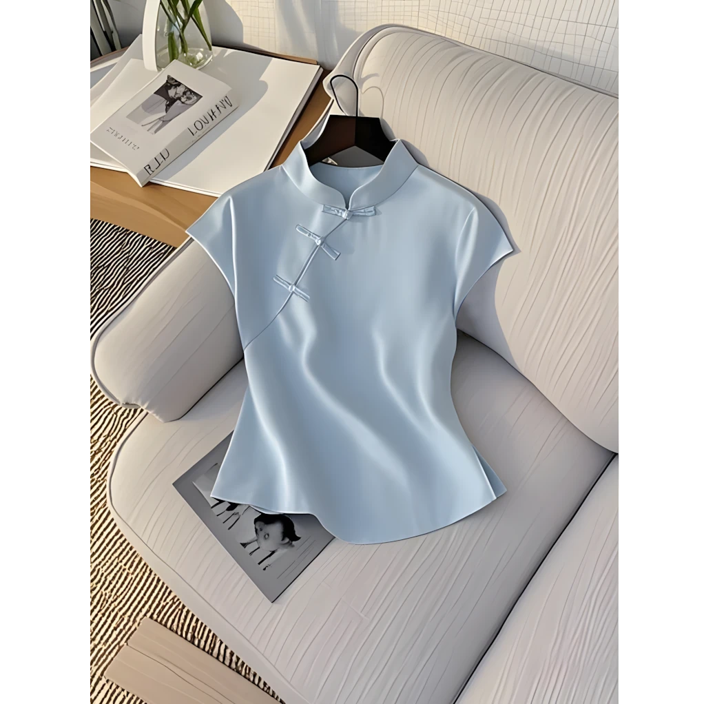 2025夏季新款高级感轻奢上衣超好看独特漂亮减龄新中式蓝色短袖女