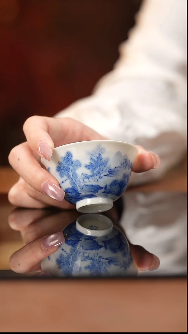 杯看山柴窑青花山水