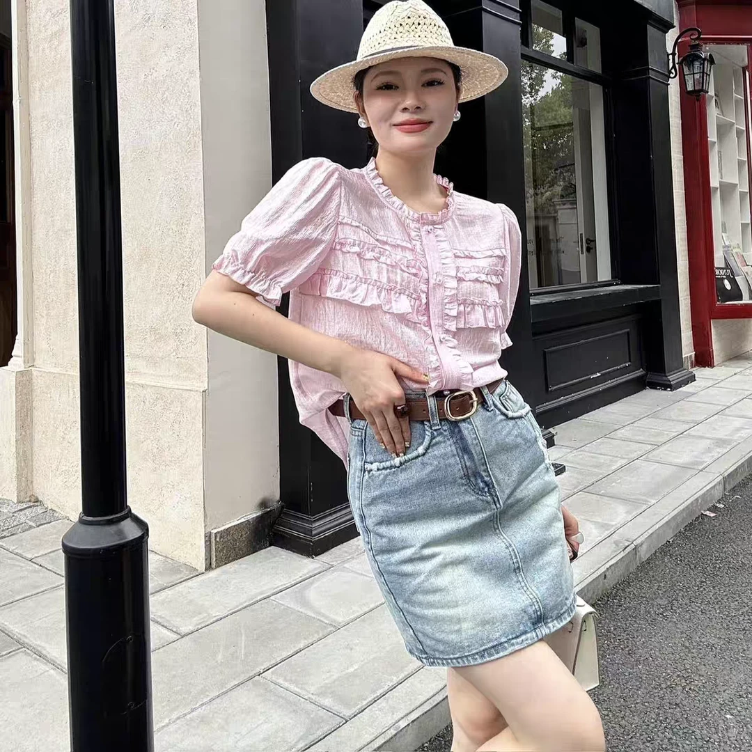 2628休闲百搭树脂固色衬衫宽松型小香风短款显瘦时尚短袖