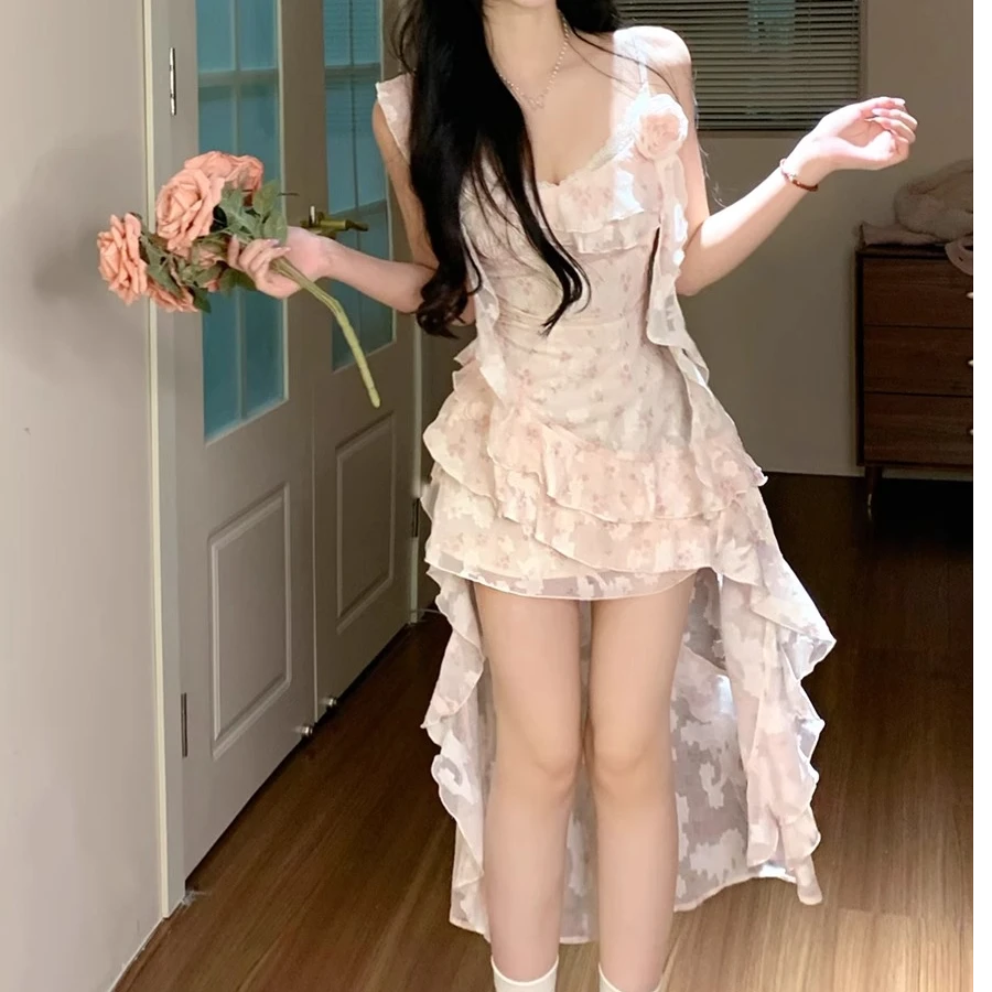 甜美立体花朵碎花飘带吊带连衣裙女2025春夏新款肌理感仙女短裙子