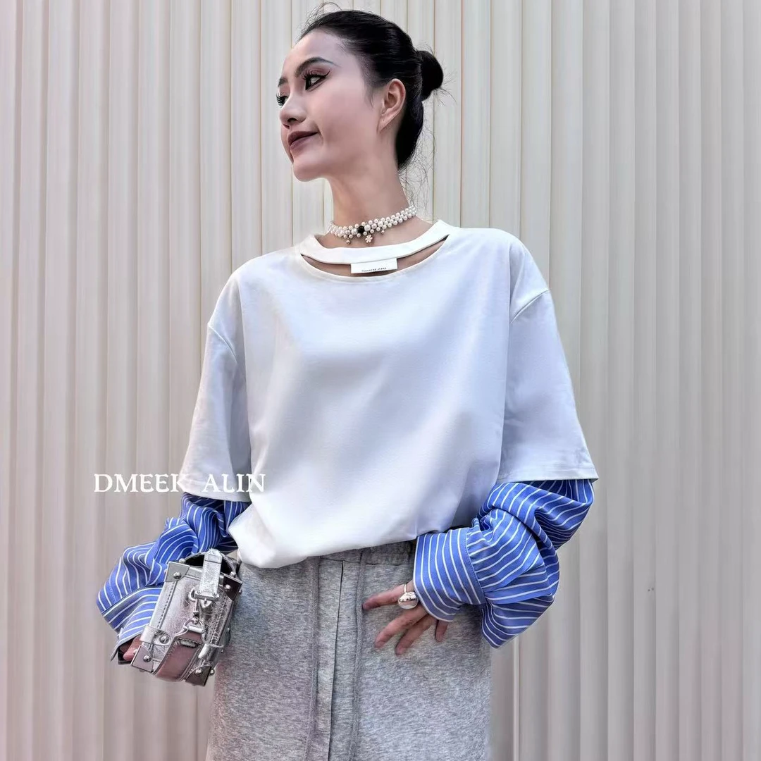 【XILIN ALIN 春之】小众设计感时尚T恤拼接条纹袖假两件