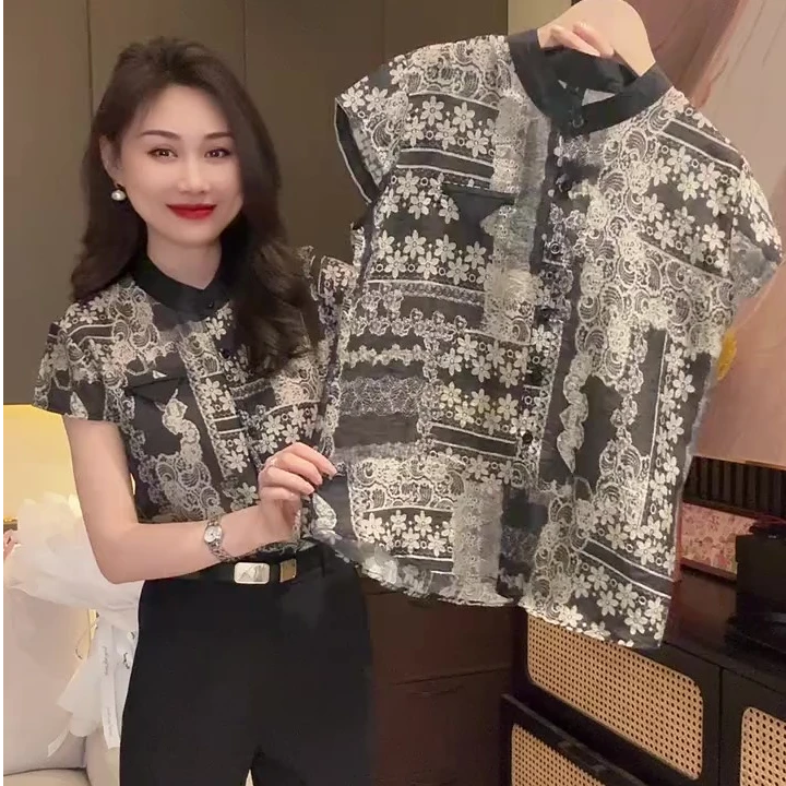 夏季短袖翻领爆款衬衫女2025新款高级感正肩遮肉法式洋气短袖上衣