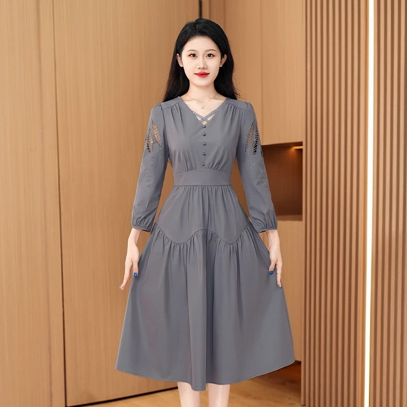 拉夏贝尔轻奢小众高级感女装连衣裙2025春秋时尚洋气十三行紫裙子