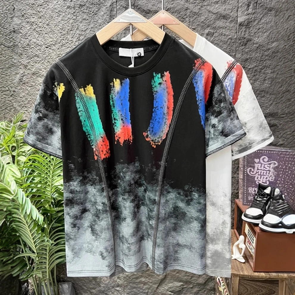 小众设计感渐变涂鸦潮牌短袖T恤男士夏季新款宽松美式半袖体恤男