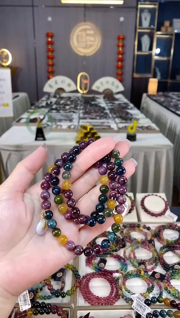 未镶嵌老矿碧玺彩虹三圈手串8mm+碧玺蔡*hon多样性发一条