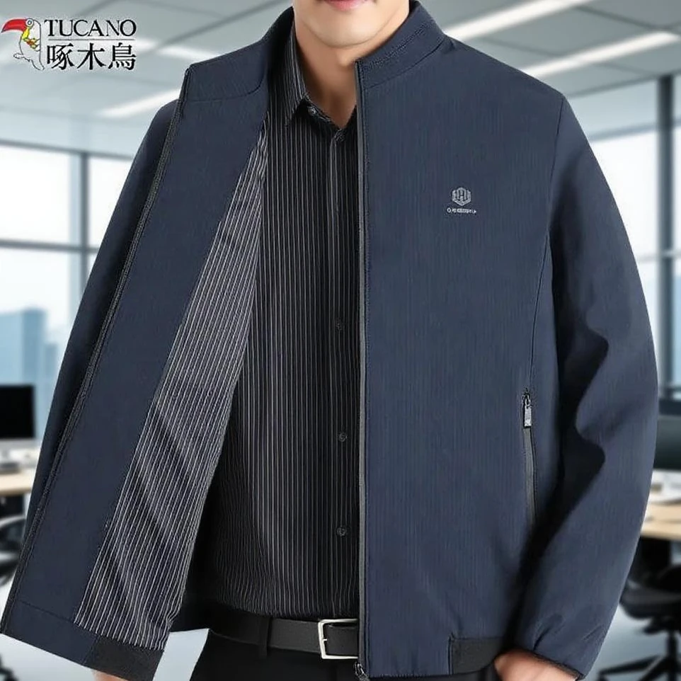 啄木鸟休闲男外套秋冬中年立领行政夹克大气保暖外套上衣宽松薄款