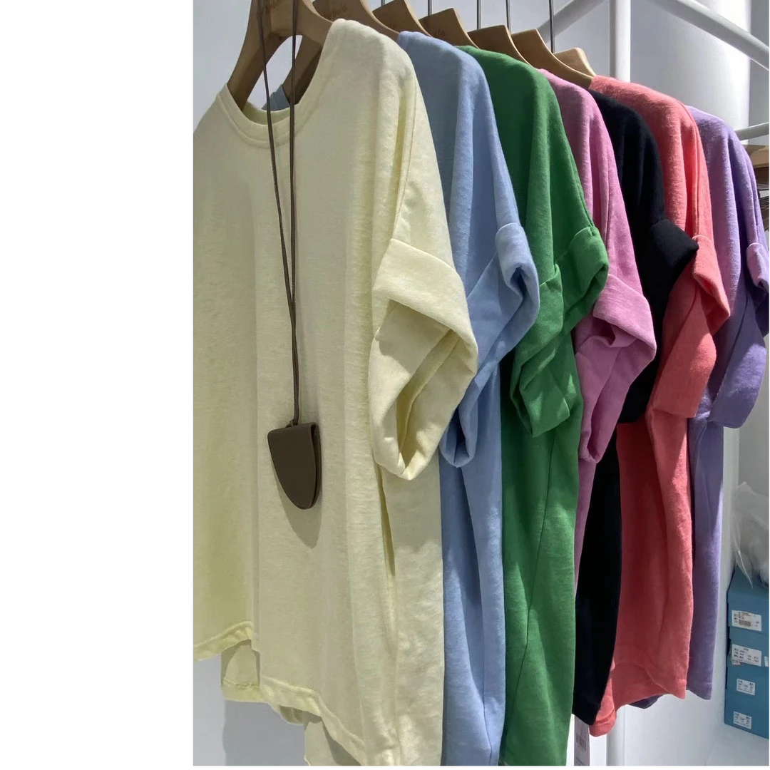 BALABA夏季简约百搭卷袖圆领纯色短袖T恤