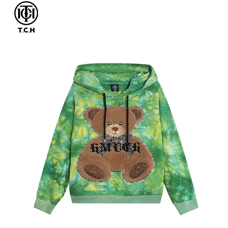 TCH服饰店播-潮牌毛绒小熊烫钻扎染重工卡通绿色卫衣T66A128107