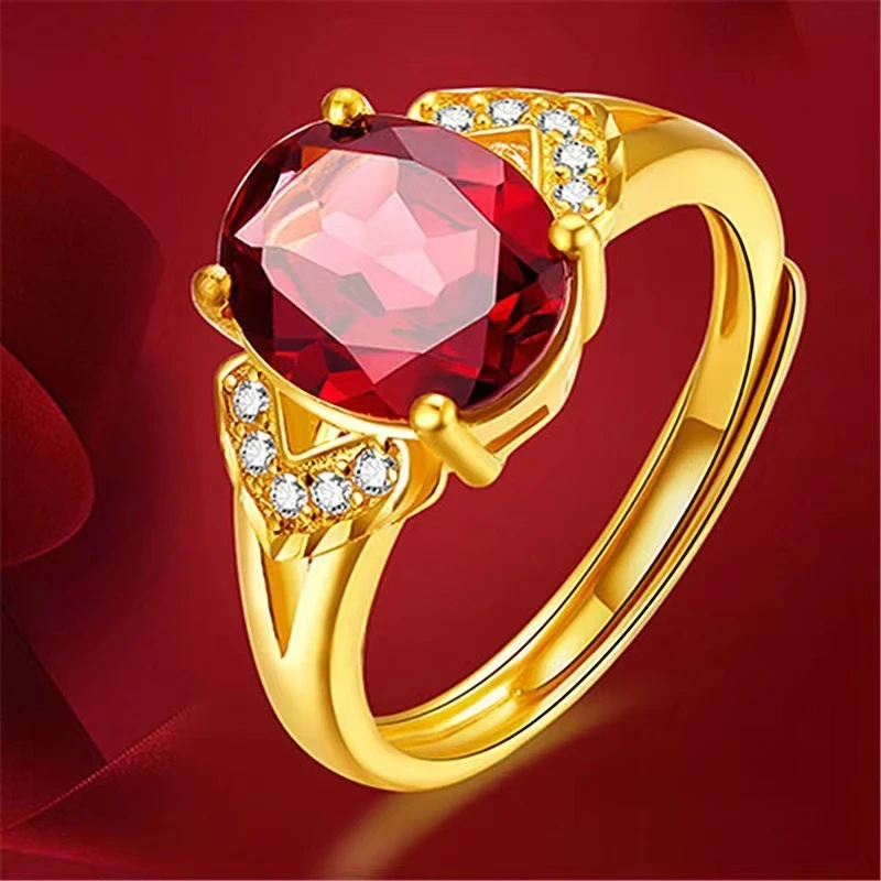 【618特惠】黄金色戒指女款足金999大气招财镶嵌红宝百搭戒子可调节