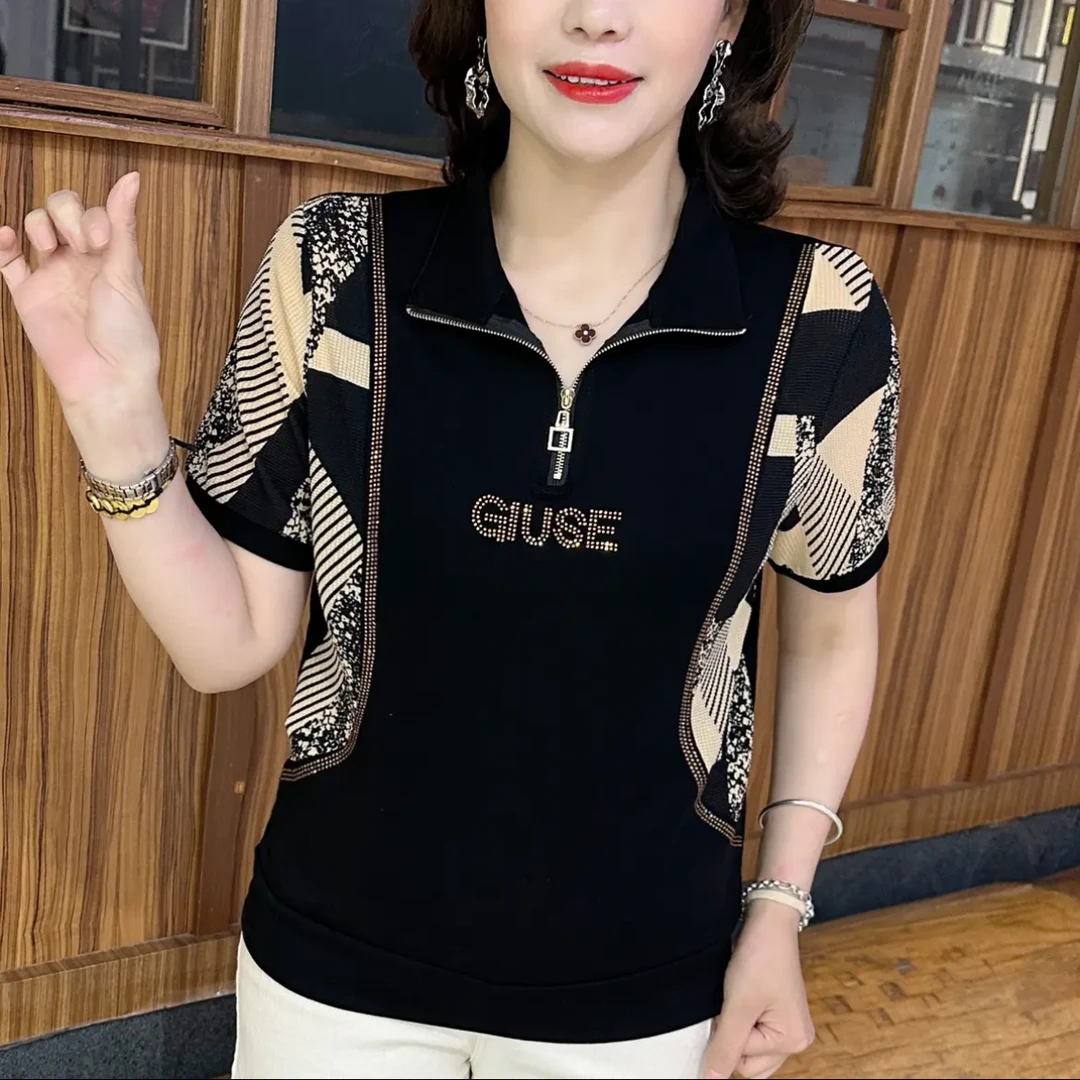 夏季新款时尚洋气短袖T恤显瘦减龄百搭休闲妈妈装翻领拼接上衣女