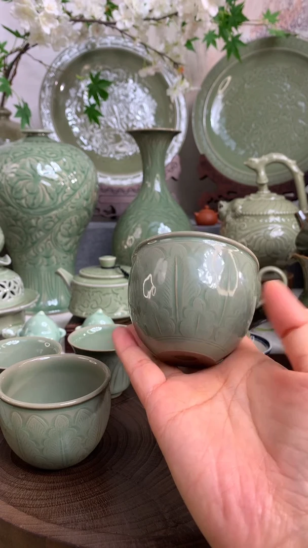 耀州窑青瓷刻花芭蕉叶缸杯100CC一只