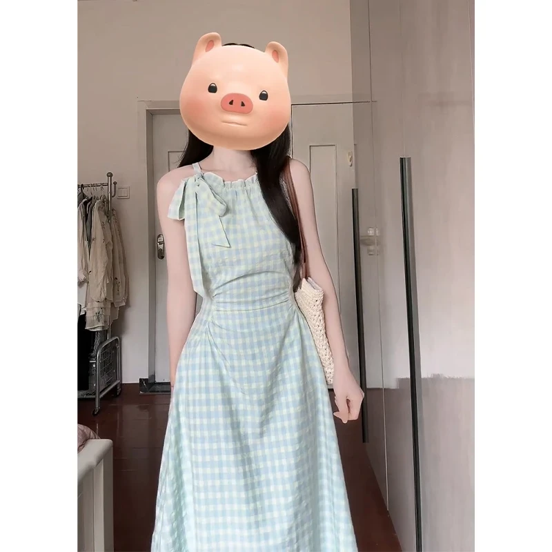 设计感连衣裙女2025夏季新款韩系穿搭花边无袖收腰中长款格纹裙子