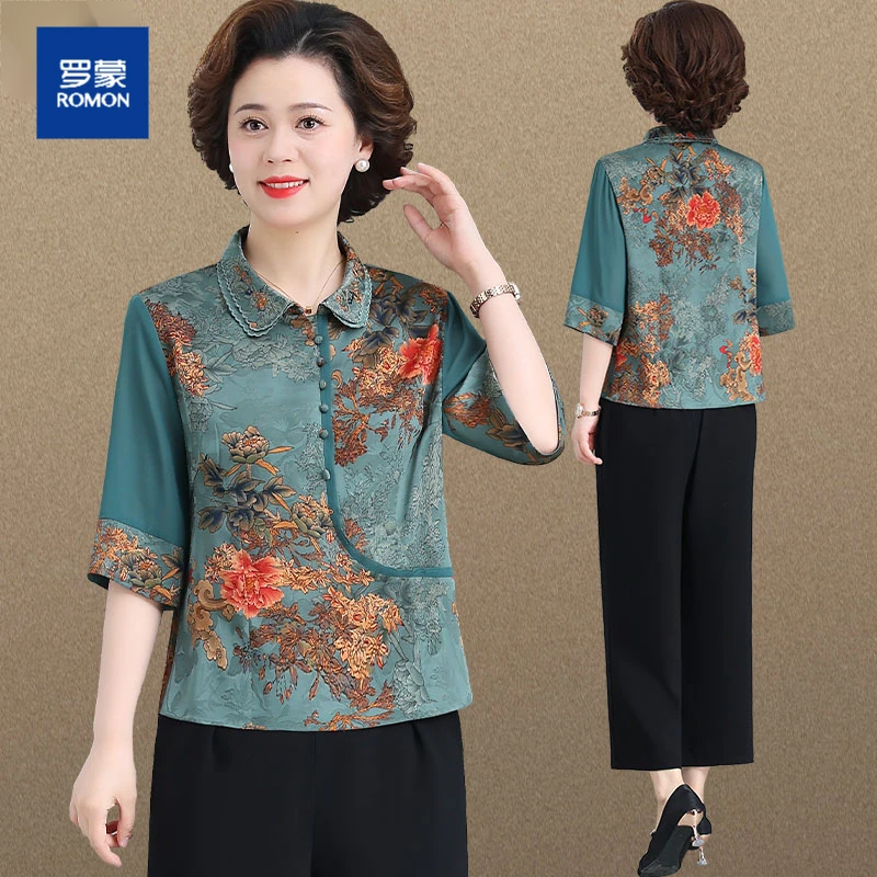 罗蒙妈妈夏装套装洋气中式国风小衫中老年人女夏季七分袖上衣服