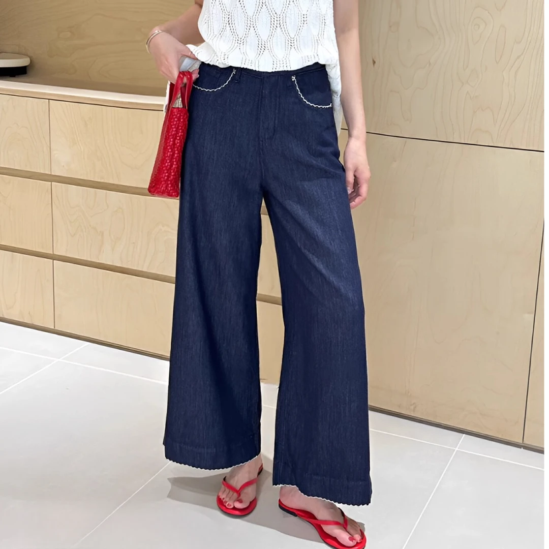 夏季薄款花边刺绣九分阔腿裤女梨型身材显瘦宽松莱赛尔天丝凉凉裤