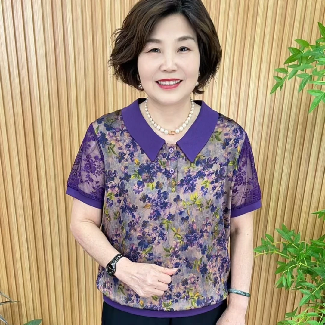 碎花森系娃娃领纽扣中老年女装休闲衬衫女装慵懒风中年妈妈装夏季