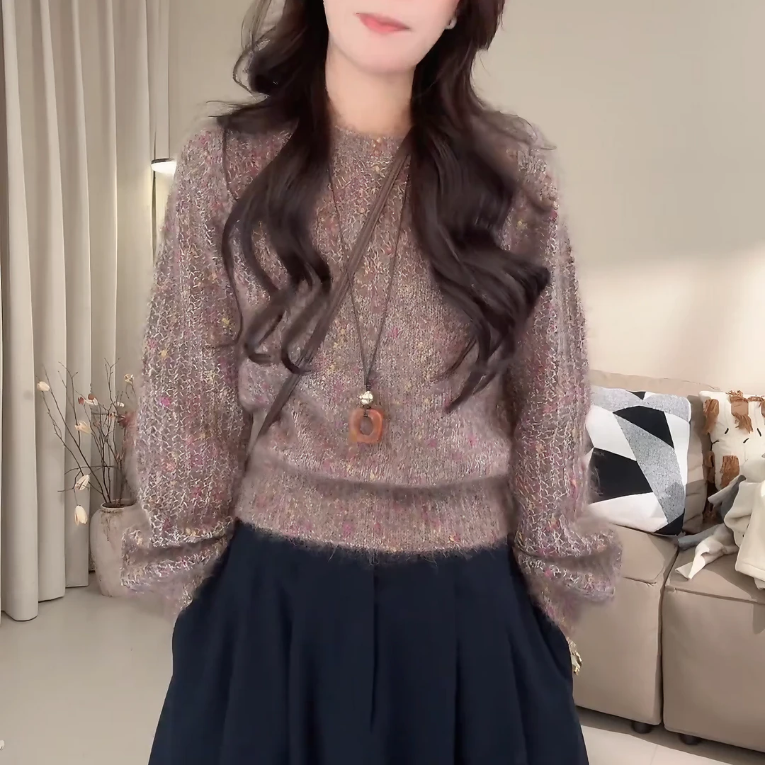 新款彩点纱毛衫女冬季圆领针织宽松镂空长袖套头毛衣LK2508418