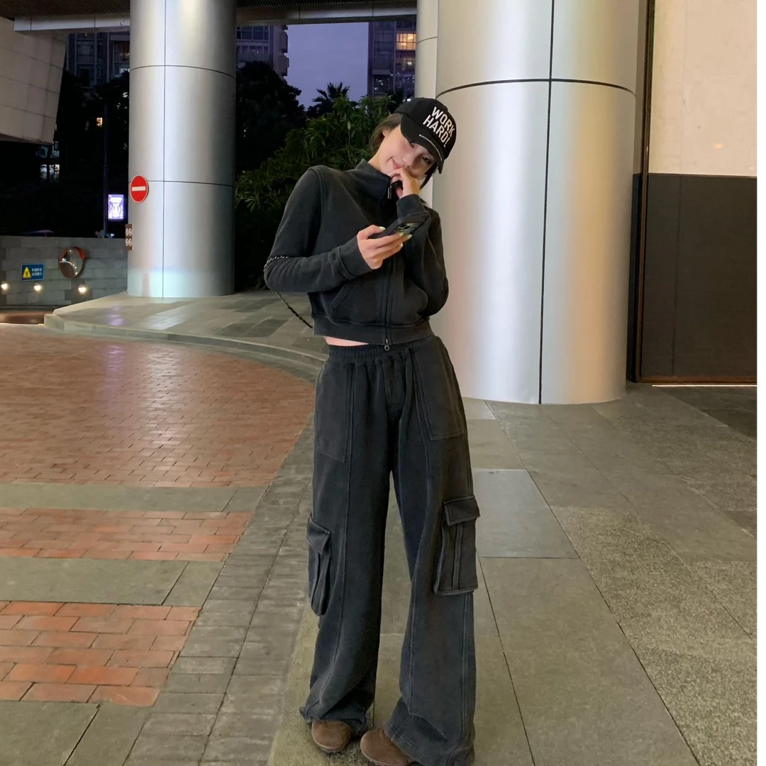 休闲运动服套装女新款修身显瘦炸街立领开衫卫衣工装长裤两件套女