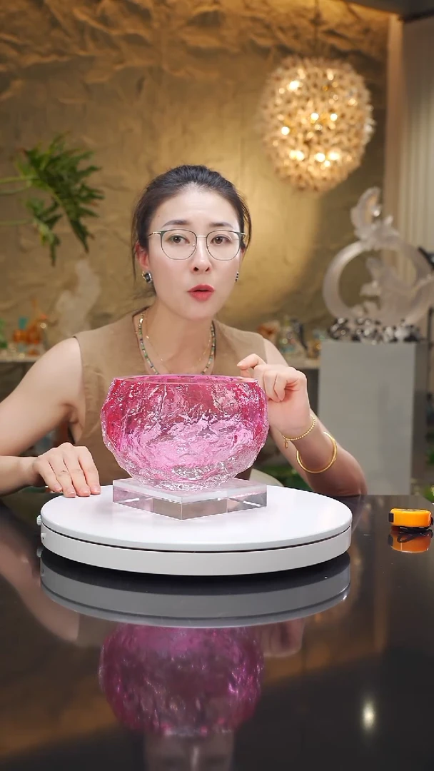 琉璃手工艺品福利金红水波纹果碗带底座