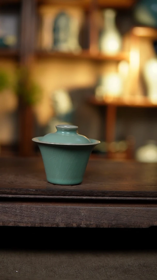 【闪购商品】杯仿古翡翠绿两才马蹄盖碗瑕