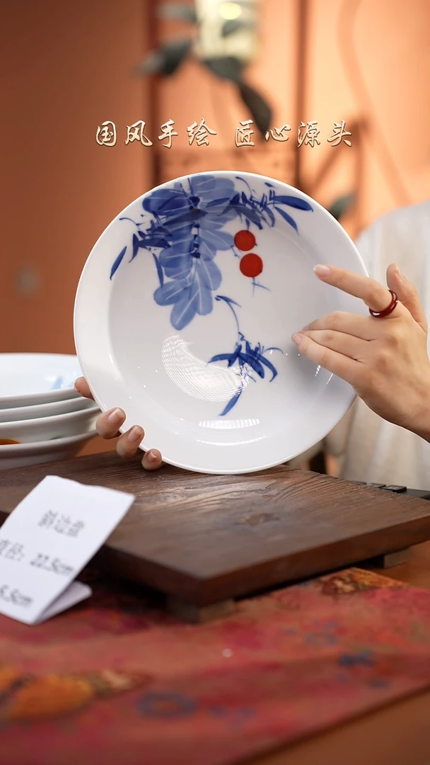 陶瓷景德镇釉中彩餐具斜边盘直径22.5高5.5