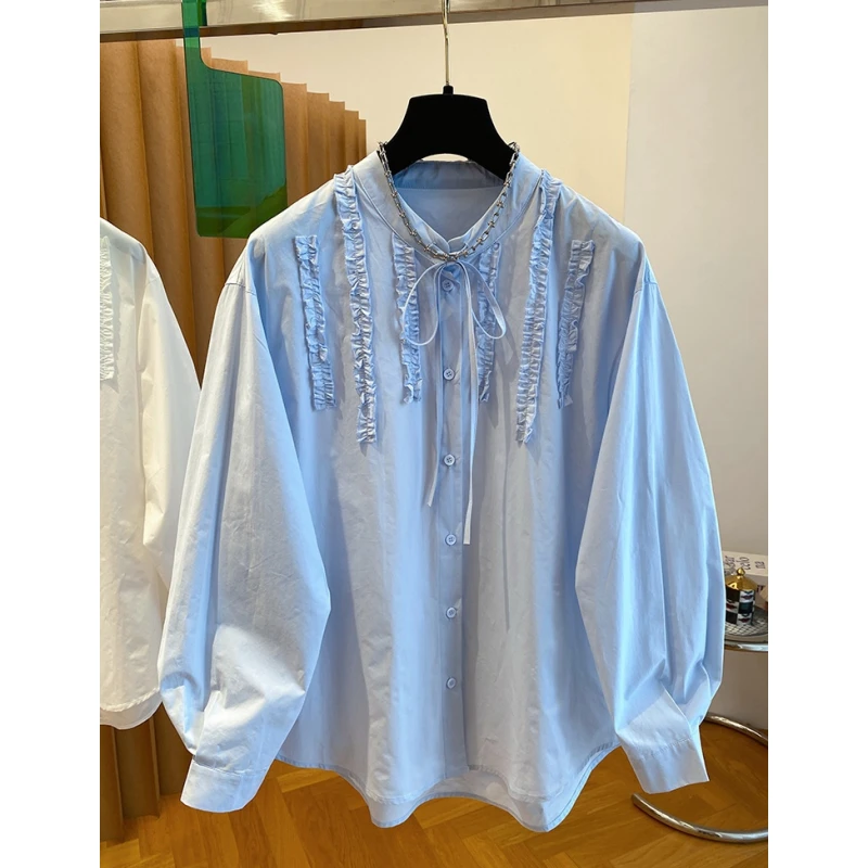法式别致蓝色衬衫女春季2025新款宽松独特木耳边拼接洋气棉质上衣