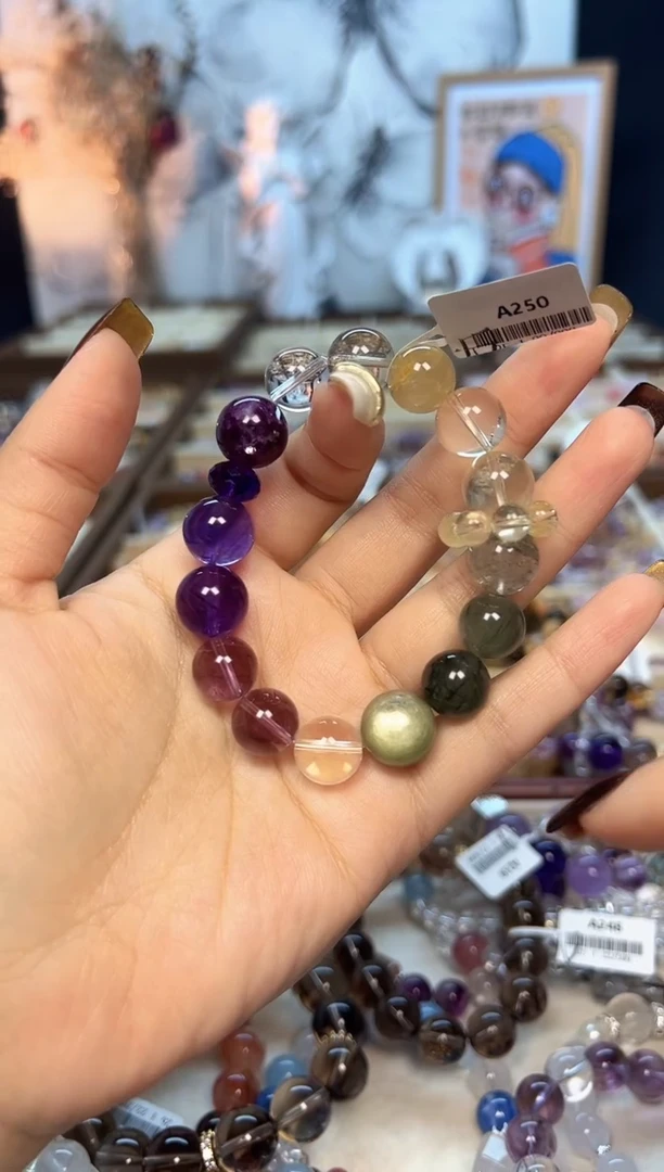 【闪购商品】水晶手链未镶嵌A250 天然紫水+绿发+黄水+跑环