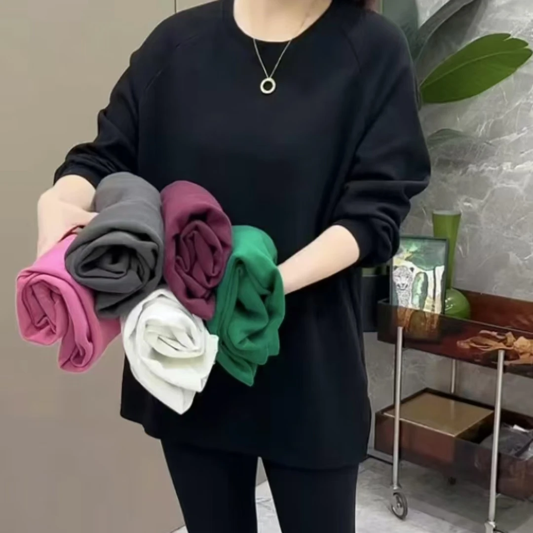 纯色长袖T恤新疆棉中长款休闲百搭宽松圆领时尚显瘦套头T恤