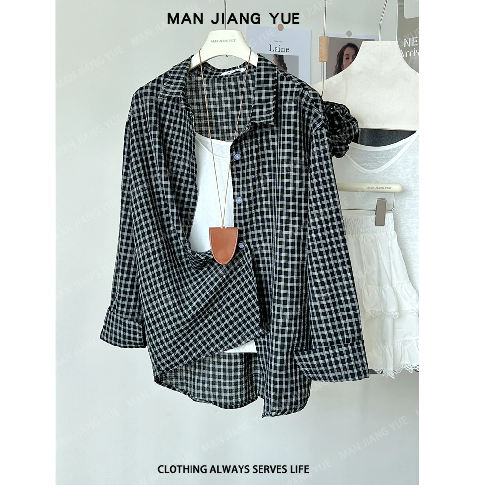 秋季时尚格纹韩系复古格子衬衫女新款宽松长袖衬衣百搭小众配发圈