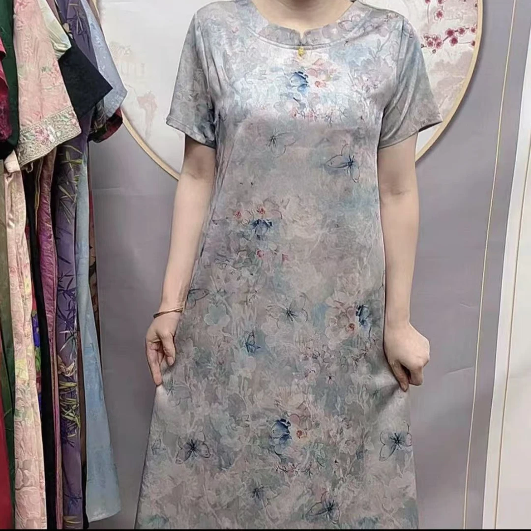 【蓝彩蝶】新款轻奢时尚减龄显瘦洋气国风蝴蝶中长款连衣裙-Q007