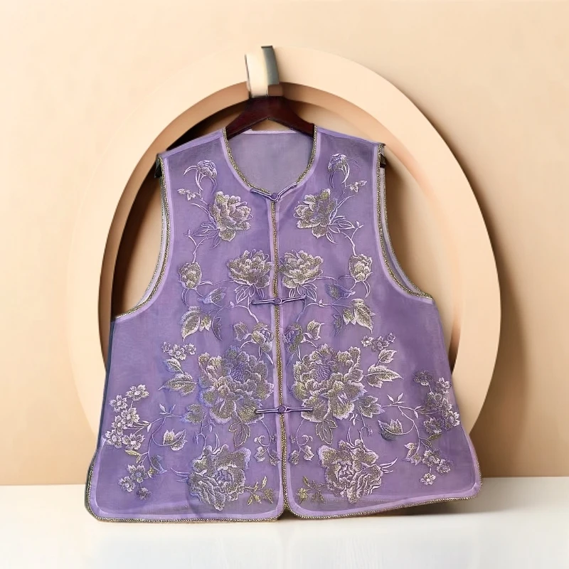 【259】桑蚕丝绣花马甲 辰月欧货南油女装刺绣夺金色花边马夹