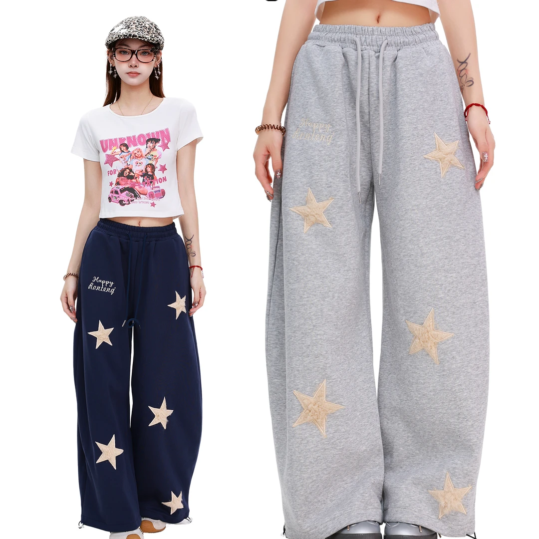 复古星星字母植绒绣花休闲卫裤男女2025秋季宽松慵懒风阔腿长裤潮