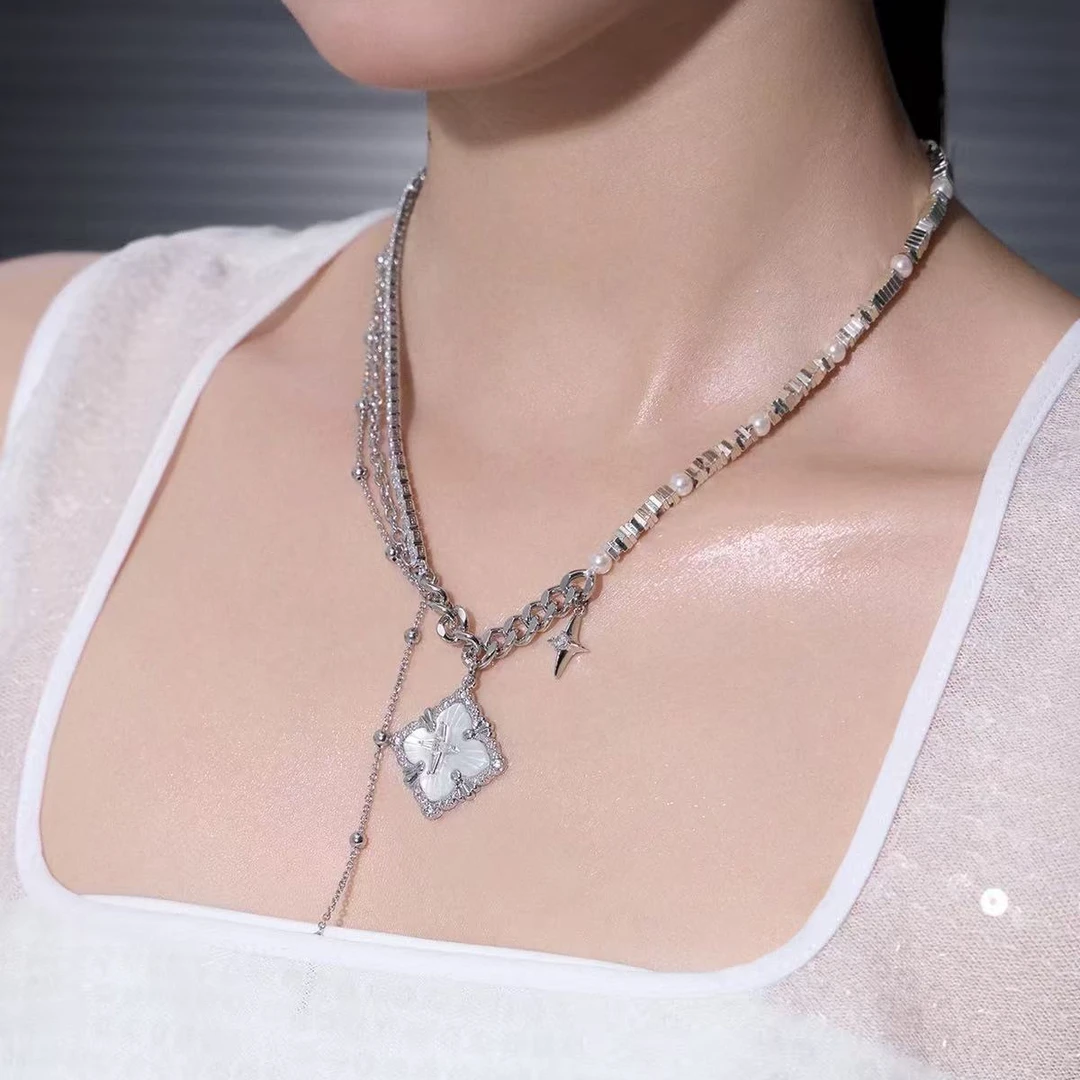 铜合金皮质项链 四叶草多层项链女锁骨链复古情侣