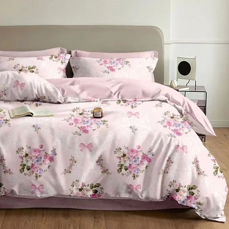 海外仓【空调被四件套】400S长绒云锦棉双六层纱四件套-花晨月夕-粉